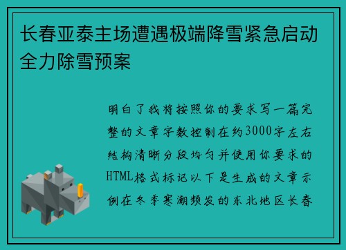 长春亚泰主场遭遇极端降雪紧急启动全力除雪预案